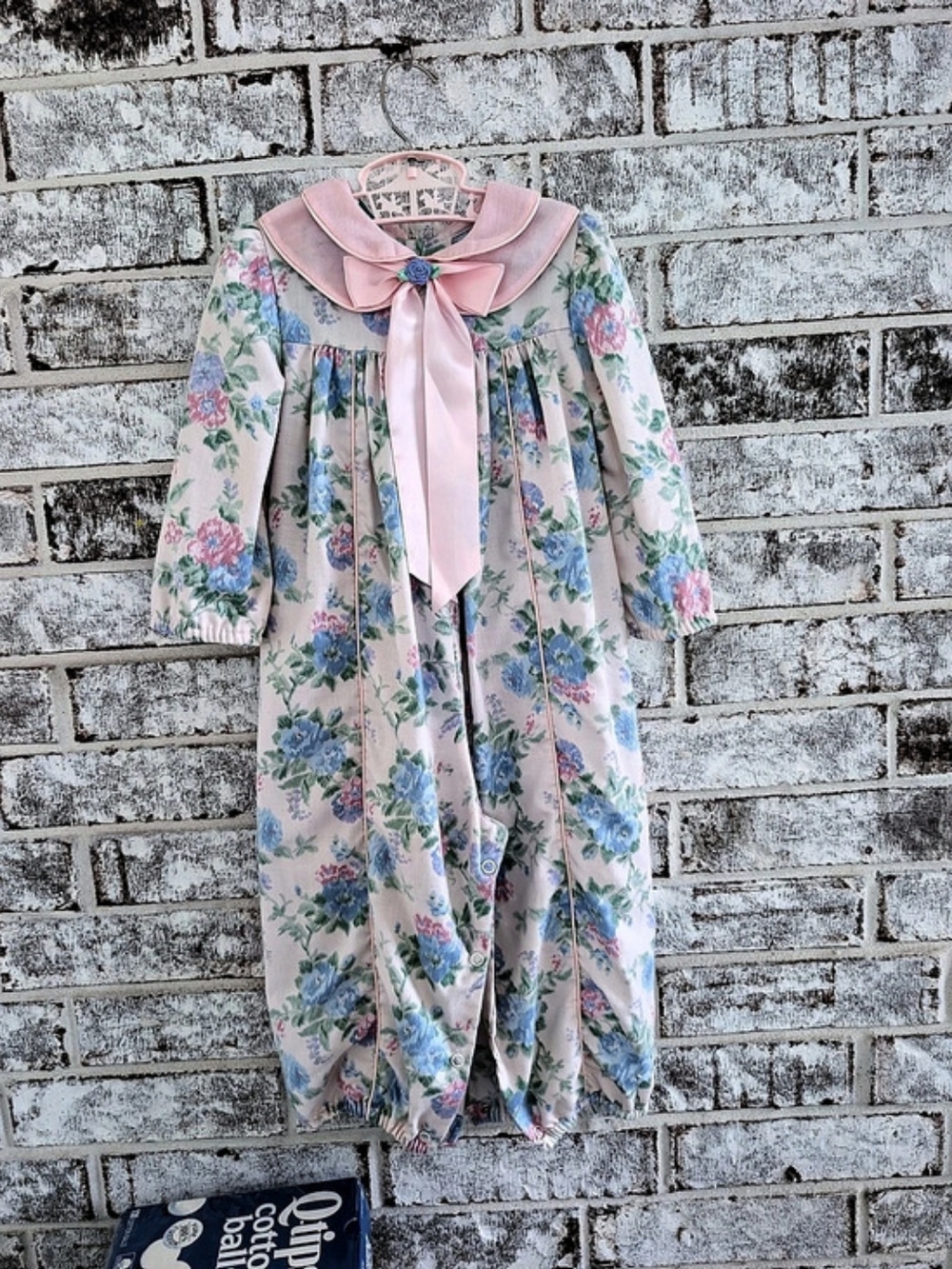 Vintage blue and pink floral girls romper